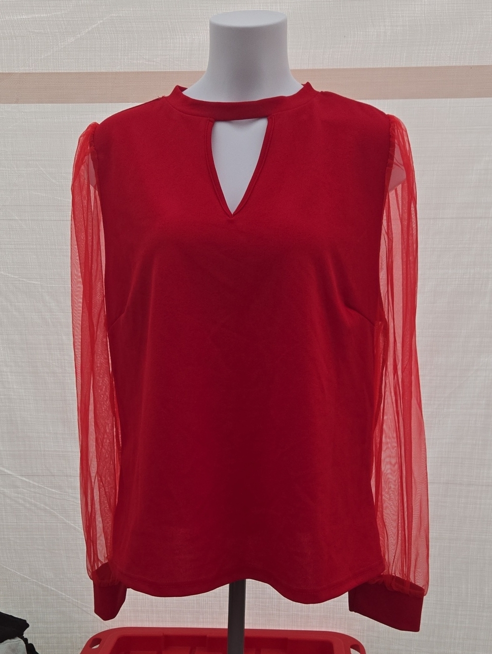 SHEIN Red Keyhole Top with Sheer Long Sleeves